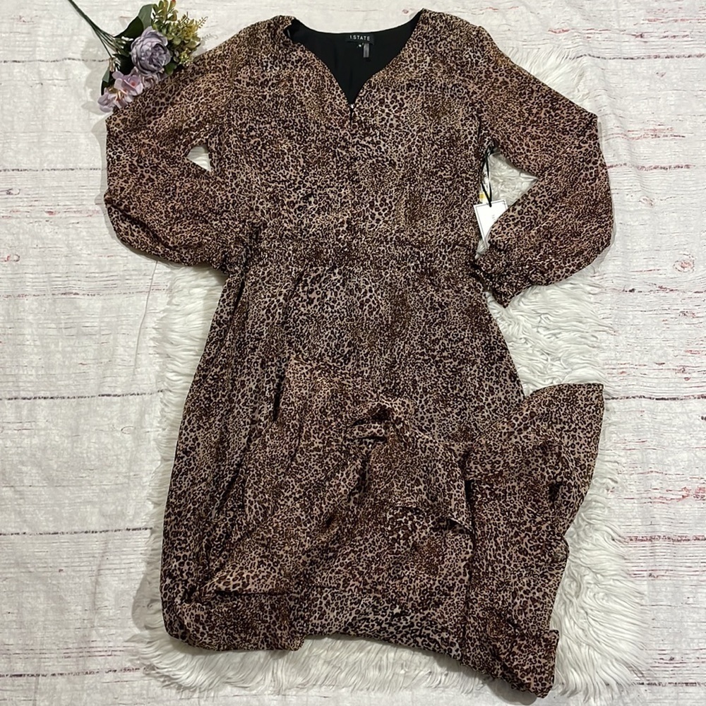 1. State Brown Leopard Muses Chiffon High-Low Midi Dress - Picture 2 of 12
